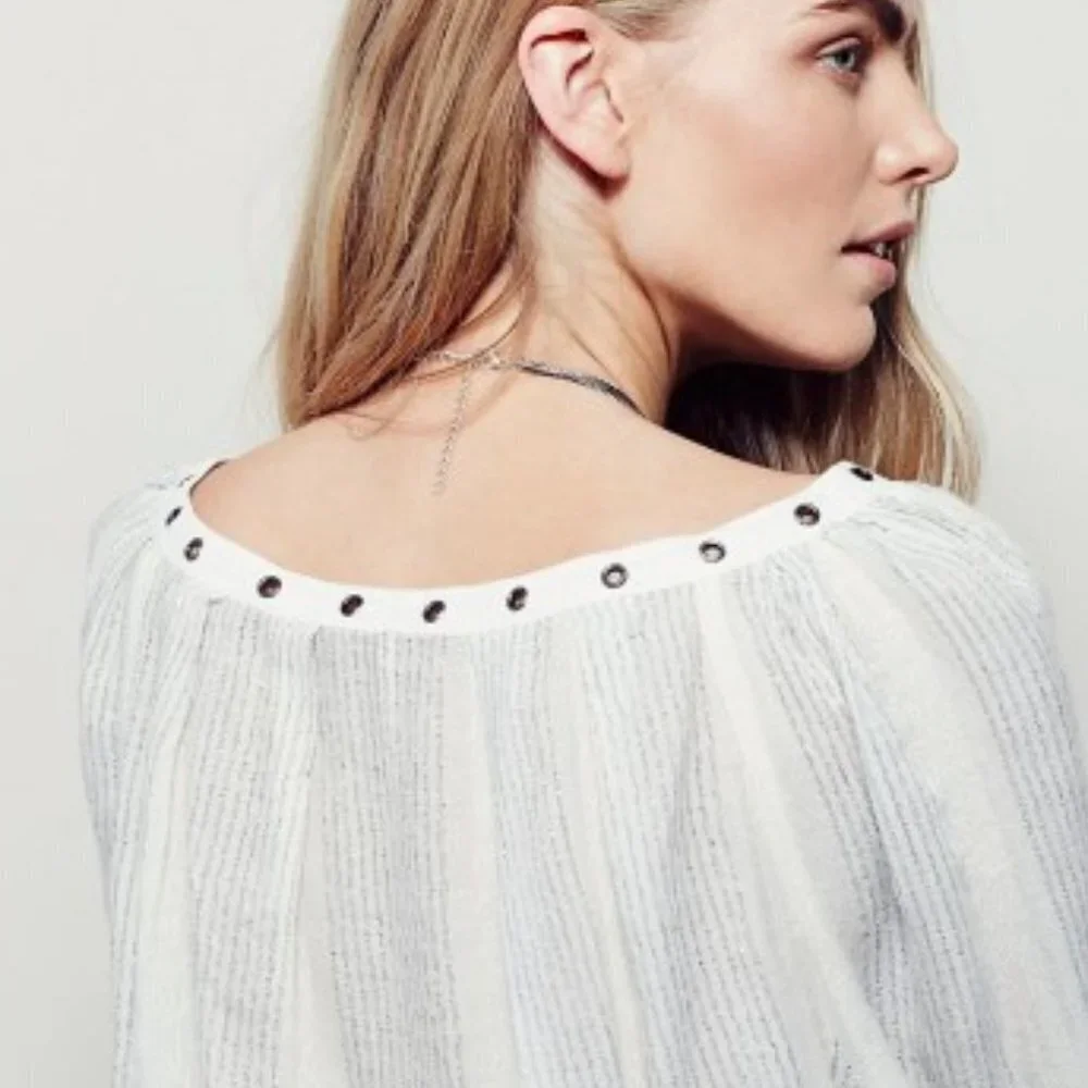Free People Against all Odds Deep V Neck Blouse Ivory Combo Boho‎ Style Medium